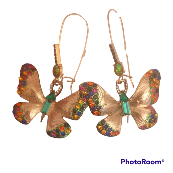 Betsey Johnson Jewelry - Betsey Johnson Gold-Tone Multicolor Crystal Butterfly Drop Earrings